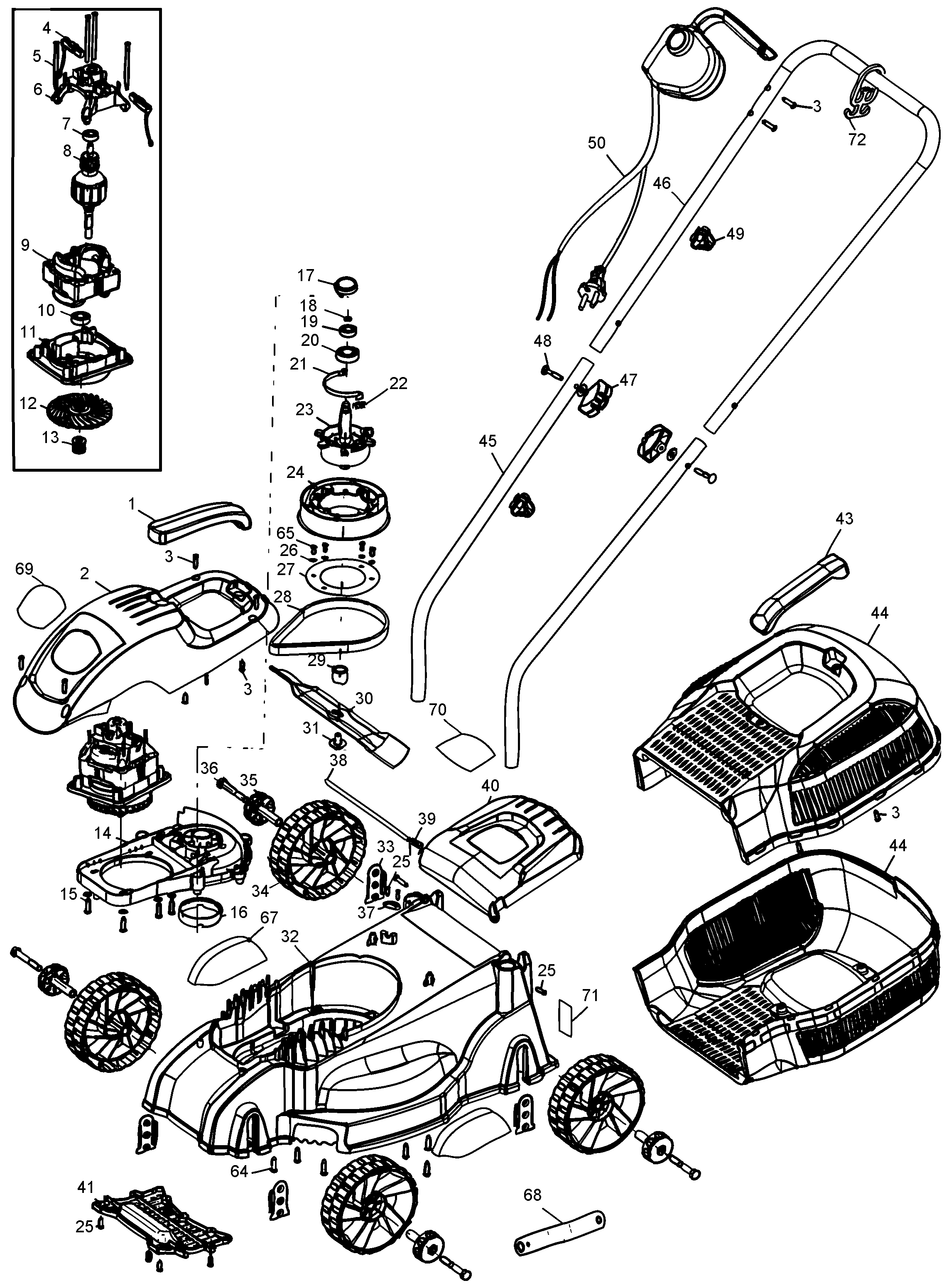 Default Diagram and Parts List for GR1000-B2 Type 1 Black and Decker Lawn Mower